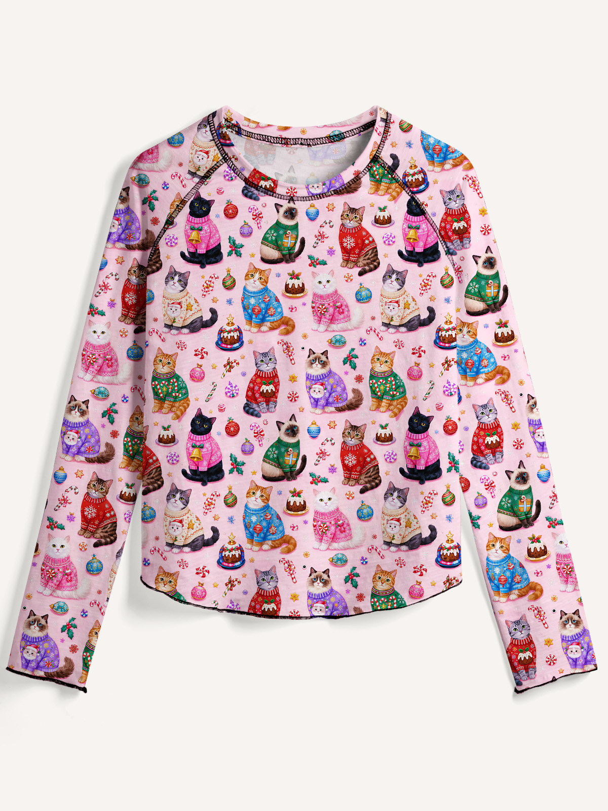 Christmas Sweater Cats Holiday All-Over Print Cotton Raglan Long Sleeve Top