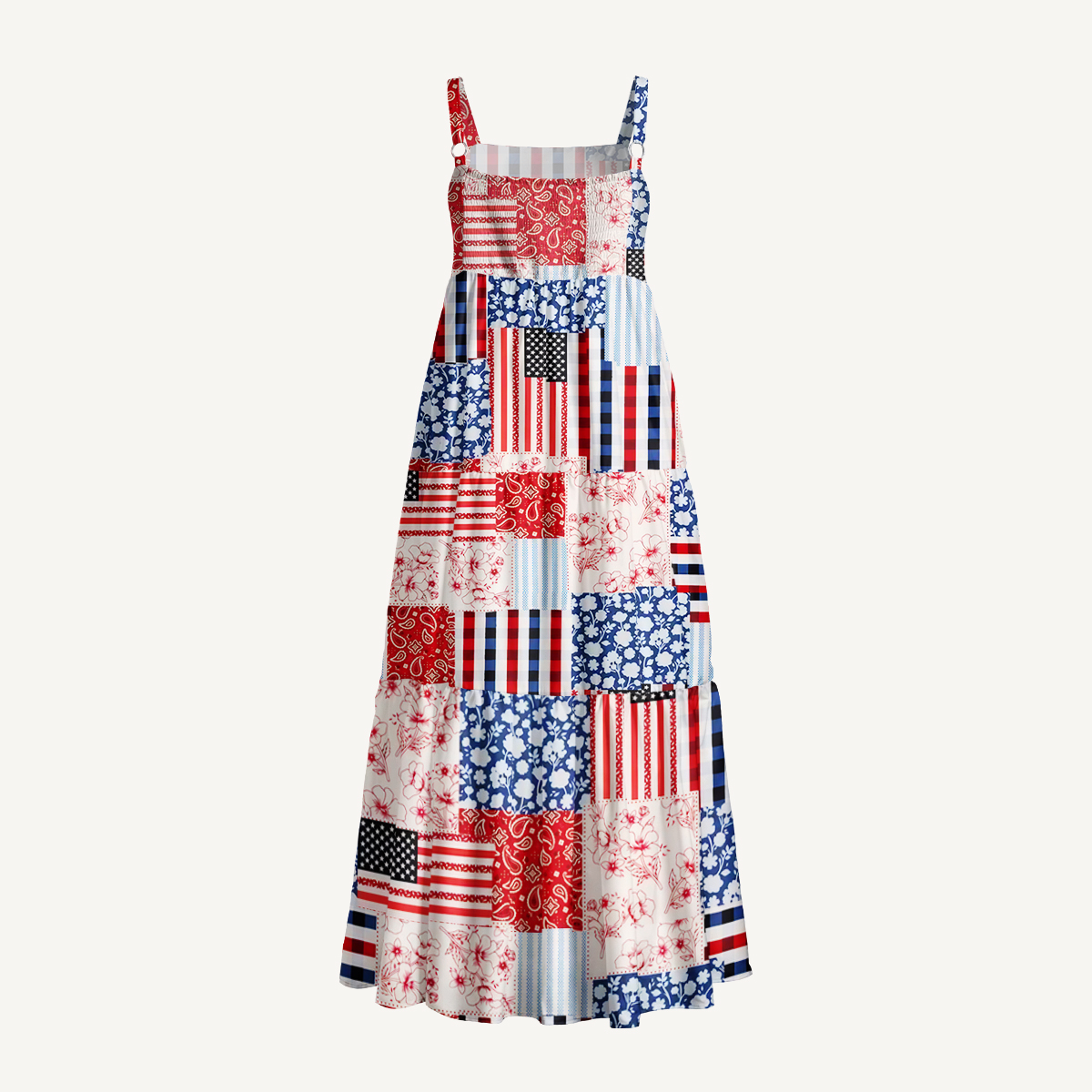 Patriotic Patchwork Print Quilt Wide Straps Maxi Dress With Pockets