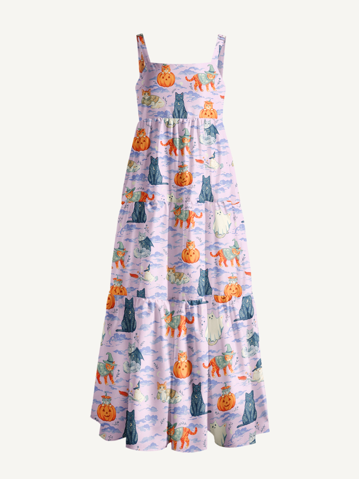 Enchanted Halloween Cat Print Wide Straps Maxi Dress With Pockets