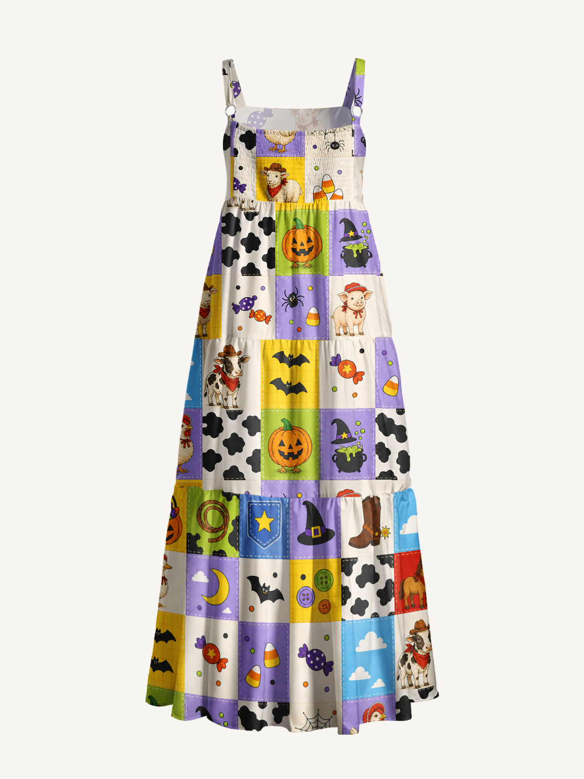 Cowboy Critters Halloween Patchwork Print Wide Straps Maxi Dress With Pockets