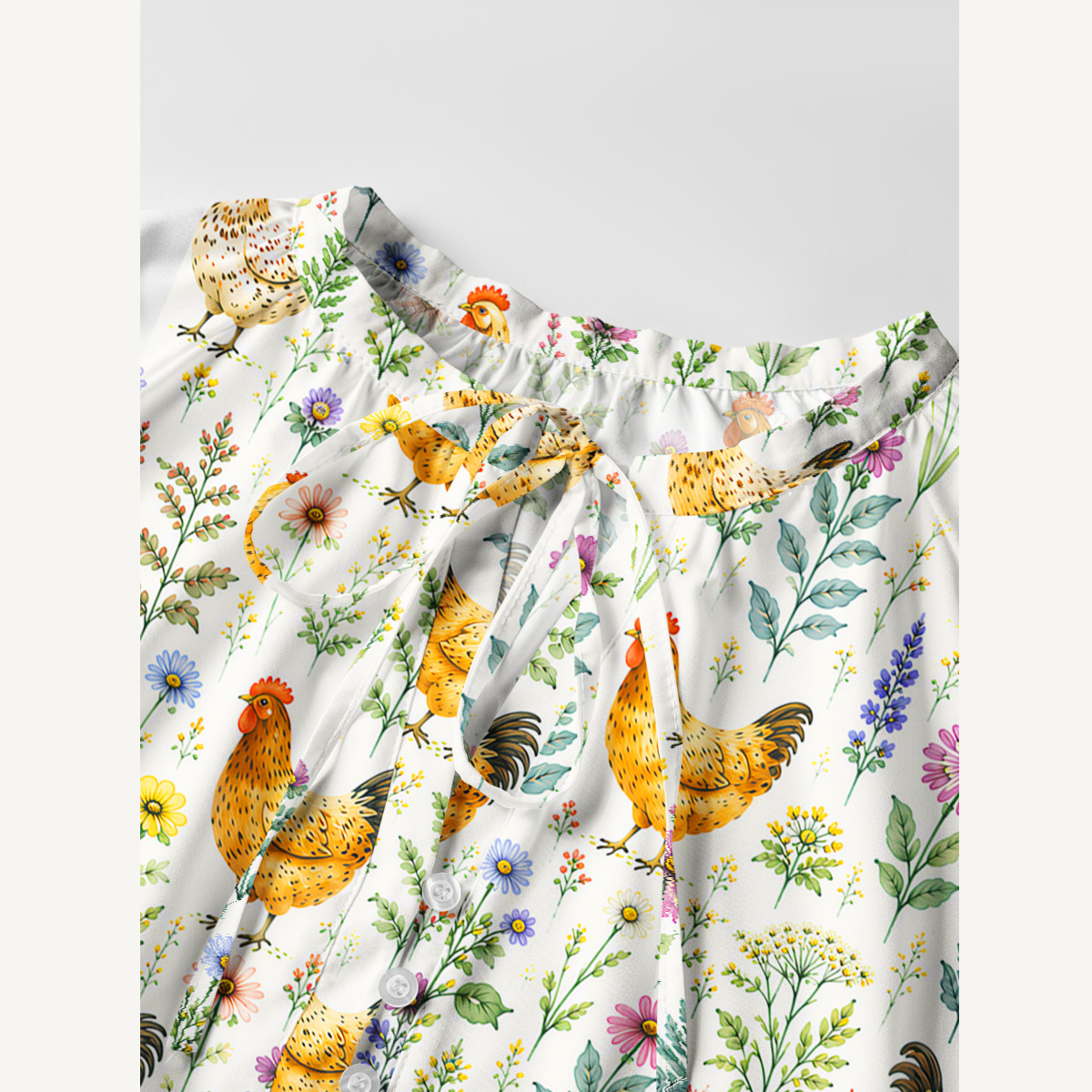 Watercolor Chickens Leaves Print Boho Tie‑Neck Smock Mini Dress