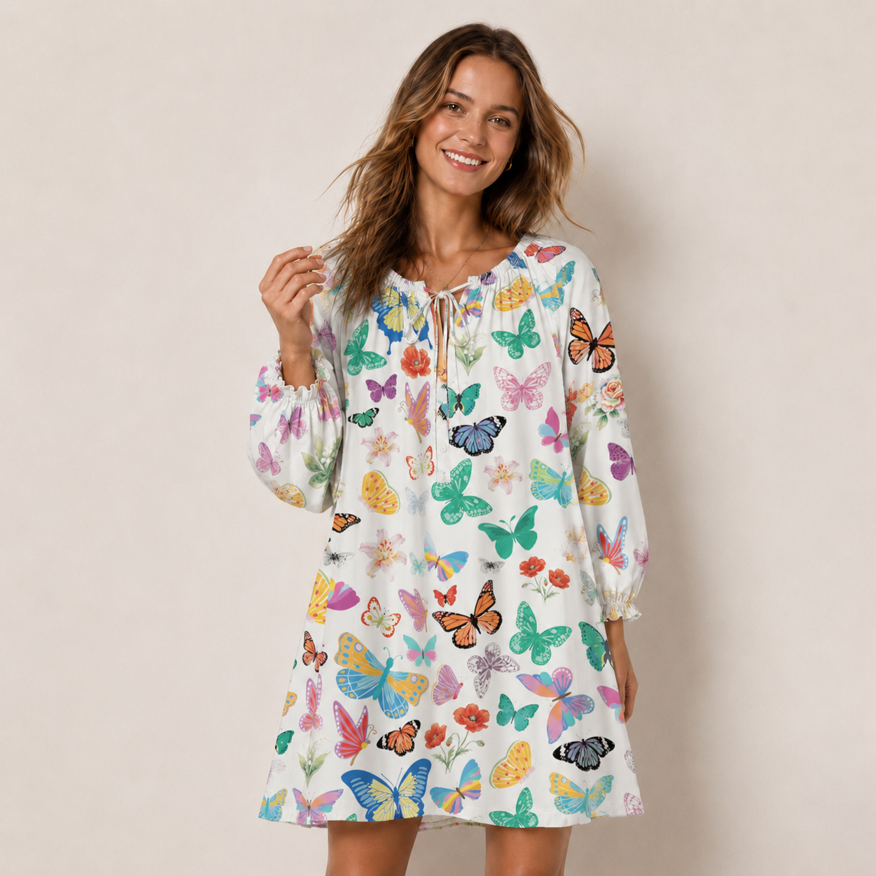 Rainbow Butterfly Garden Print Boho Tie‑Neck Smock Mini Dress