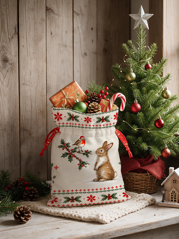 Christmas Robin & Bunny Reusable Drawstring Gift Bag