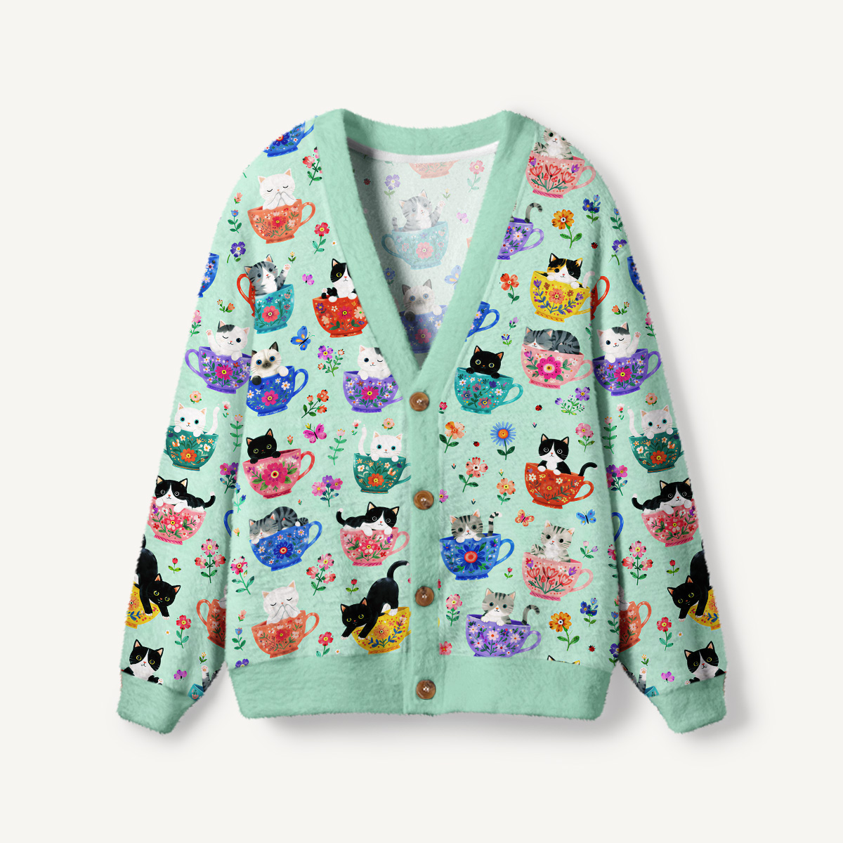 Cute Teacup Kitten Print Ugly Cardigan Sweaters