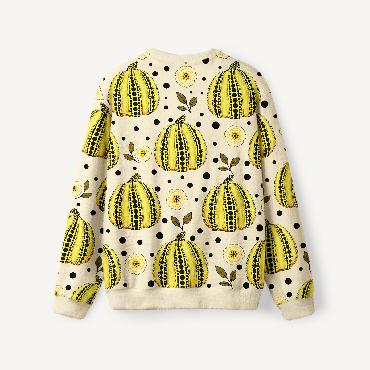 Yellow Polka Dot Pumpkin Floral Fuzzy Crewneck Sweater