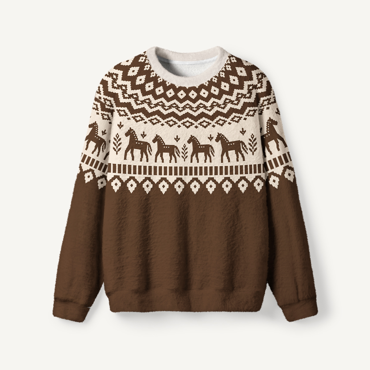 Rustic Equestrian Horse Fair Isle Fuzzy Crewneck Sweater