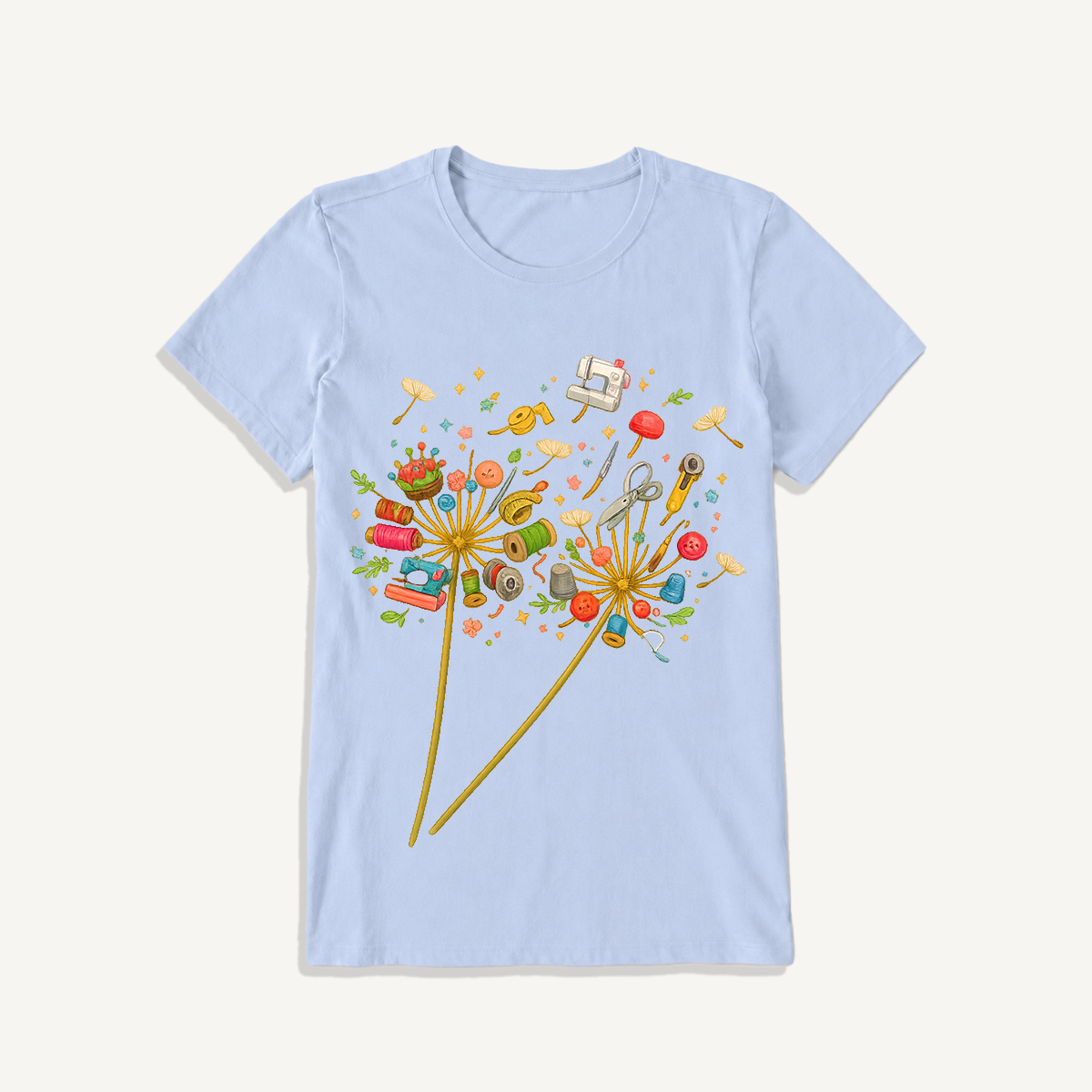 Sewing Tool Dandelion Art Print Crew Neck Cotton Tee