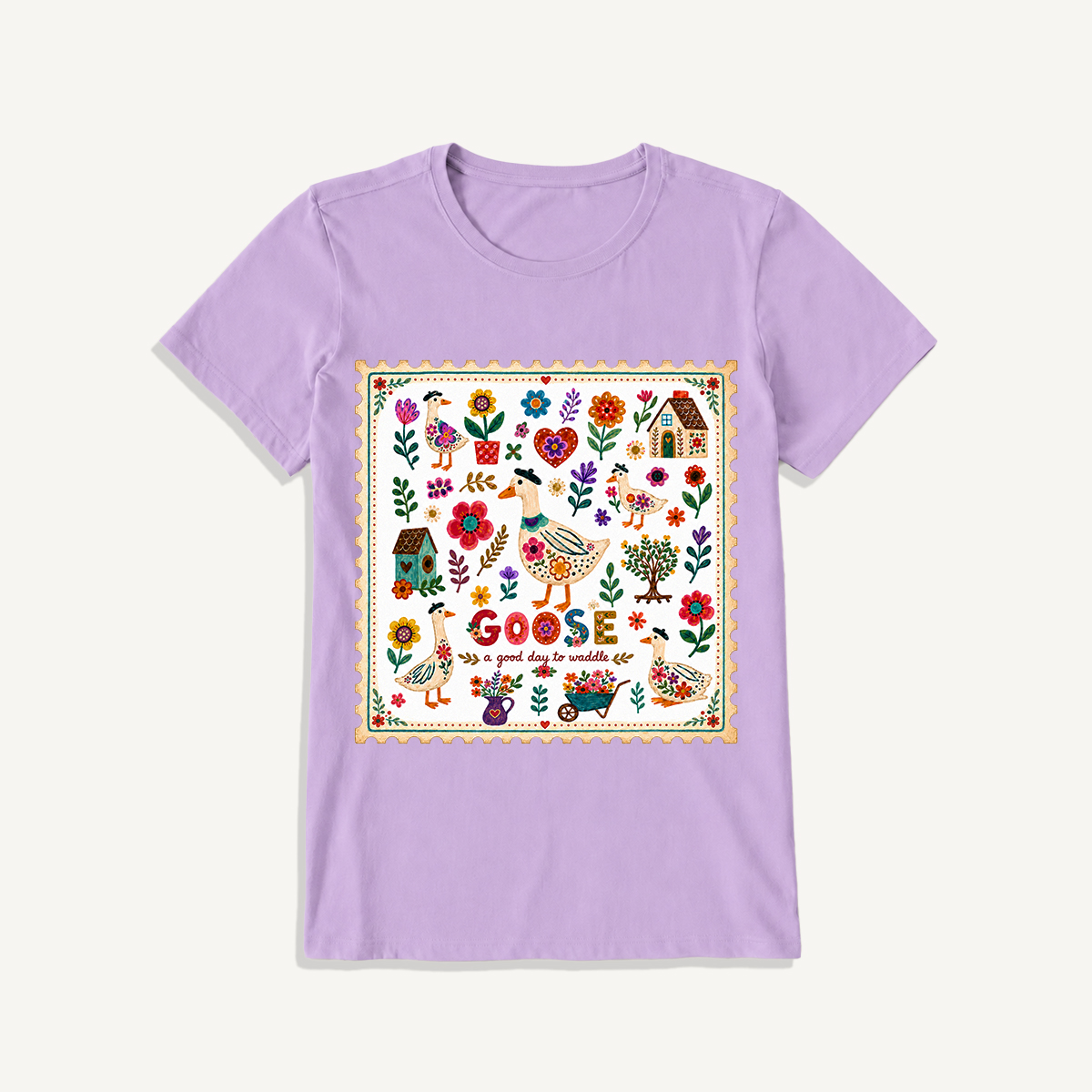 Floral Goose Garden Print Crew Neck Cotton Tee