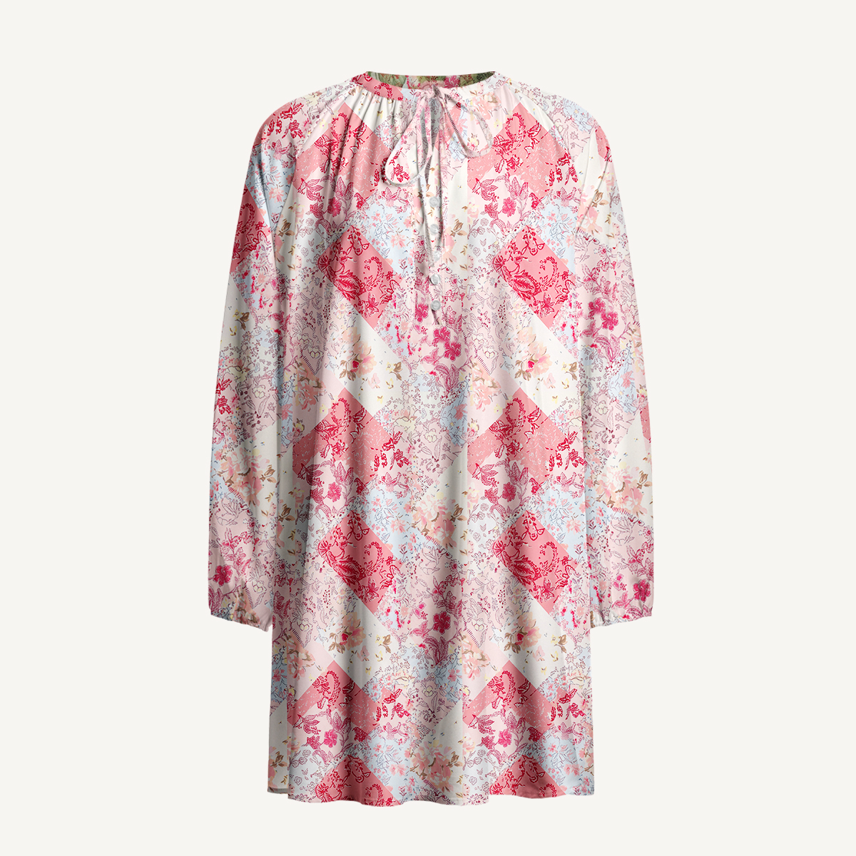 Shabby Chic Floral Patchwork Print Boho Tie‑Neck Smock Mini Dress