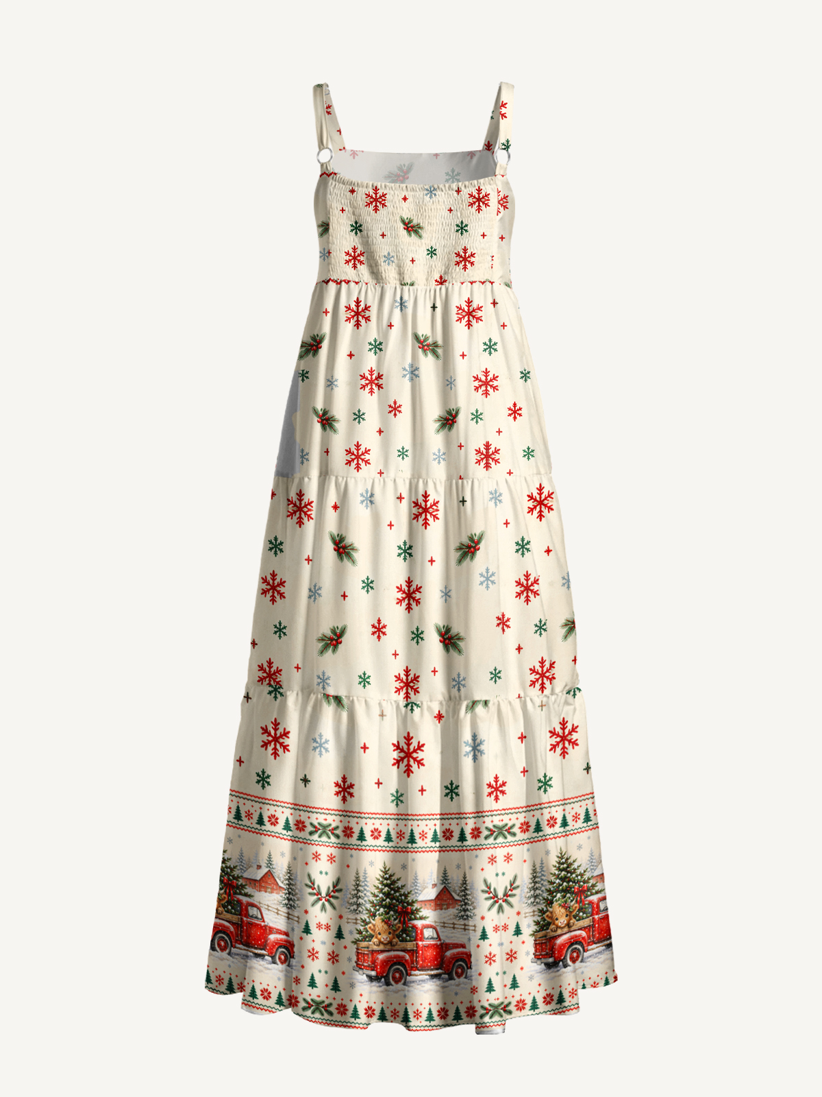 Cozy Christmas Farm Truck Cow Print Wide Straps Maxi Dress With Pockets