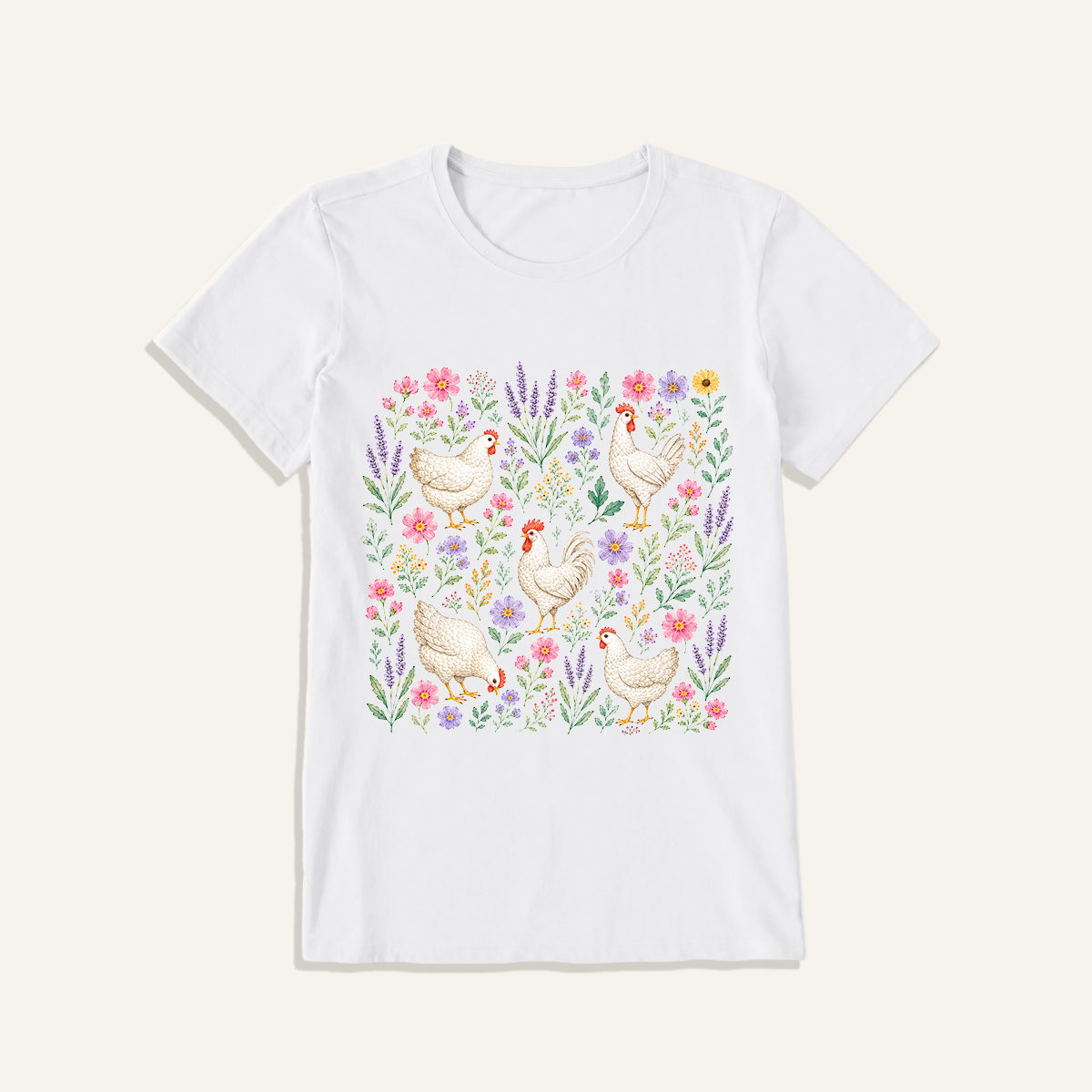 Blooming White Chicken Meadow Print Crew Neck Cotton Tee