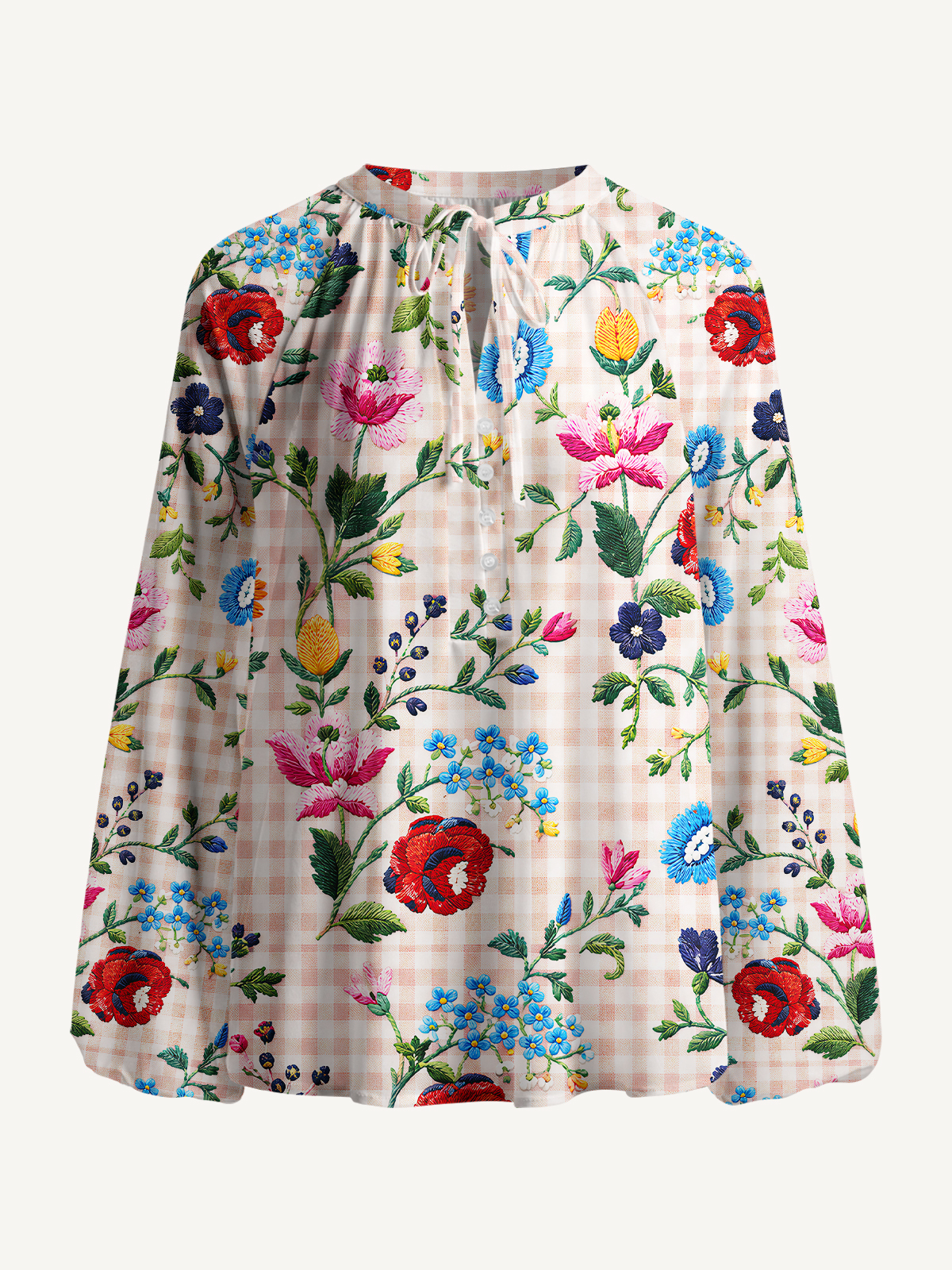 Embroidered Meadow Gingham Print Boho Long Sleeve Tie‑Neck Blouse