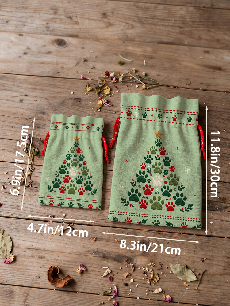 Cat Paw Print Christmas Tree Reusable Drawstring Gift Bag