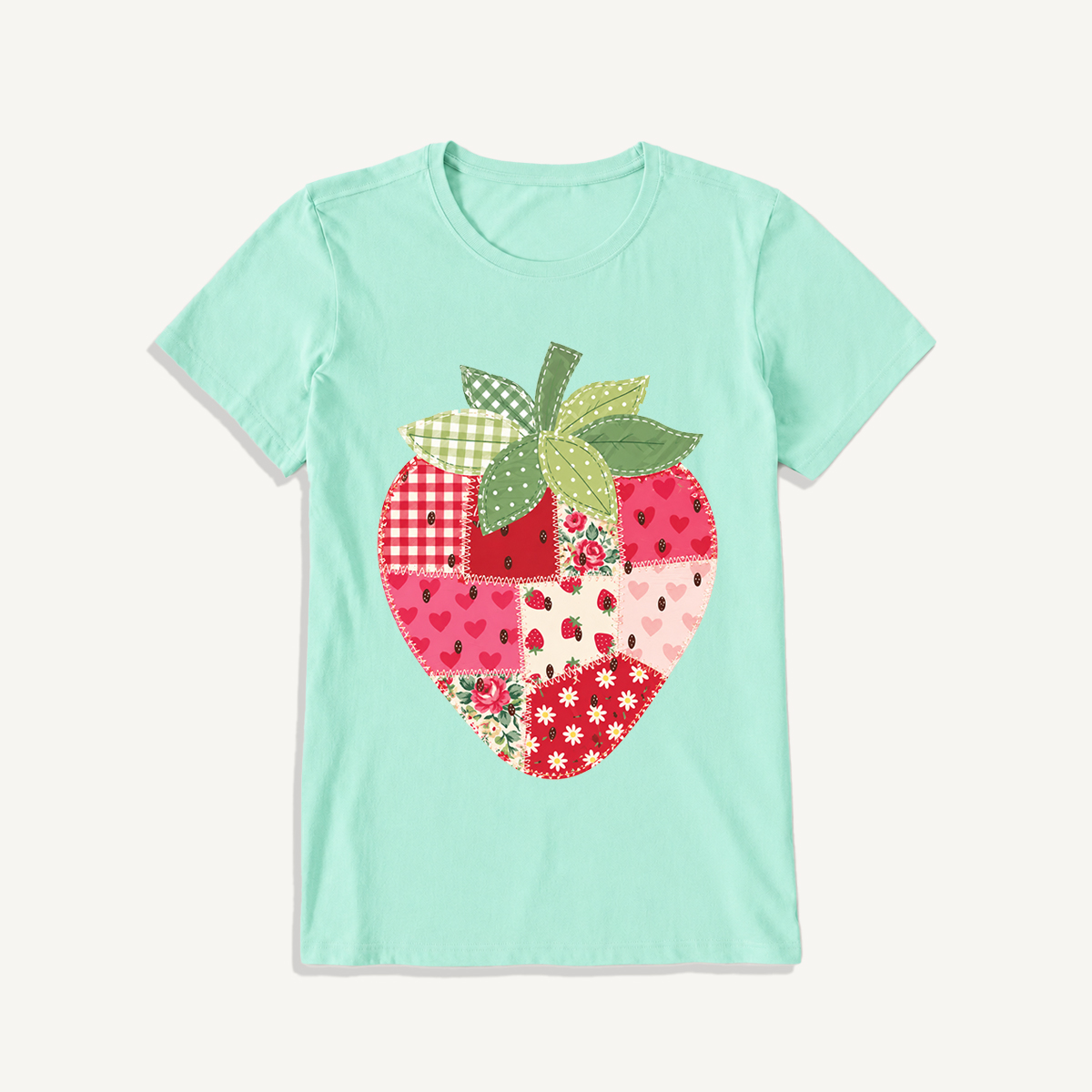 Folk Patchwork Strawberry Print Crew Neck Cotton Tee