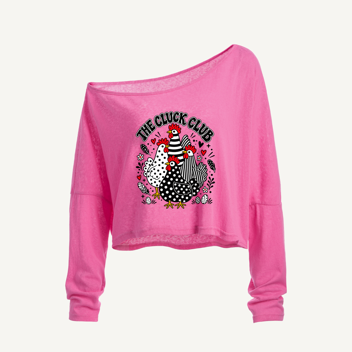 Monochrome Folk Art Hens Long Sleeve Off Shoulder T-shirt