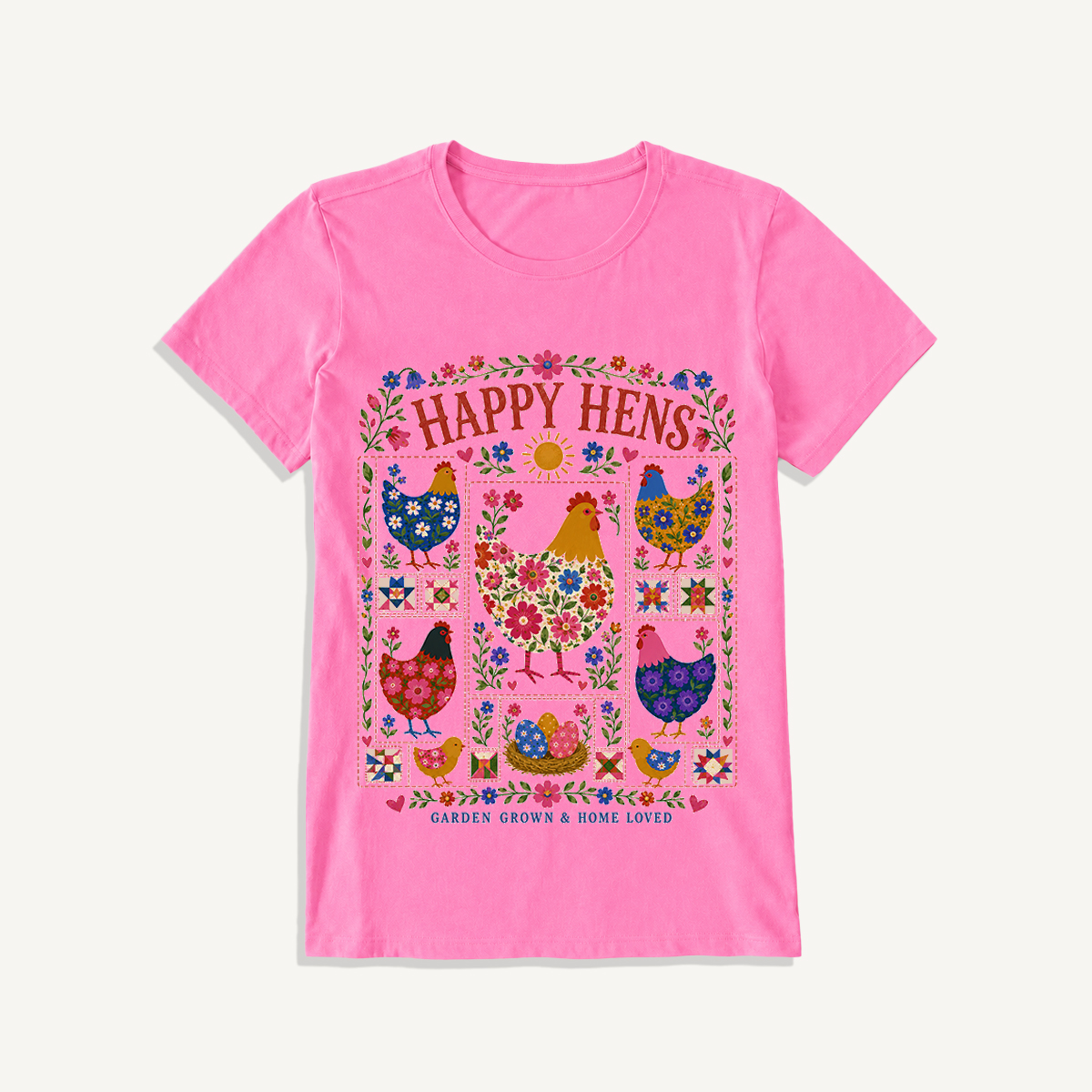 Happy Hens Floral Patchwork Print Crew Neck Cotton Tee