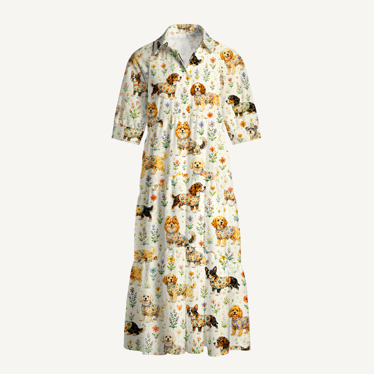 V Neck Collared Cute Dog Garden Print Casual Midi Dress With Pockets