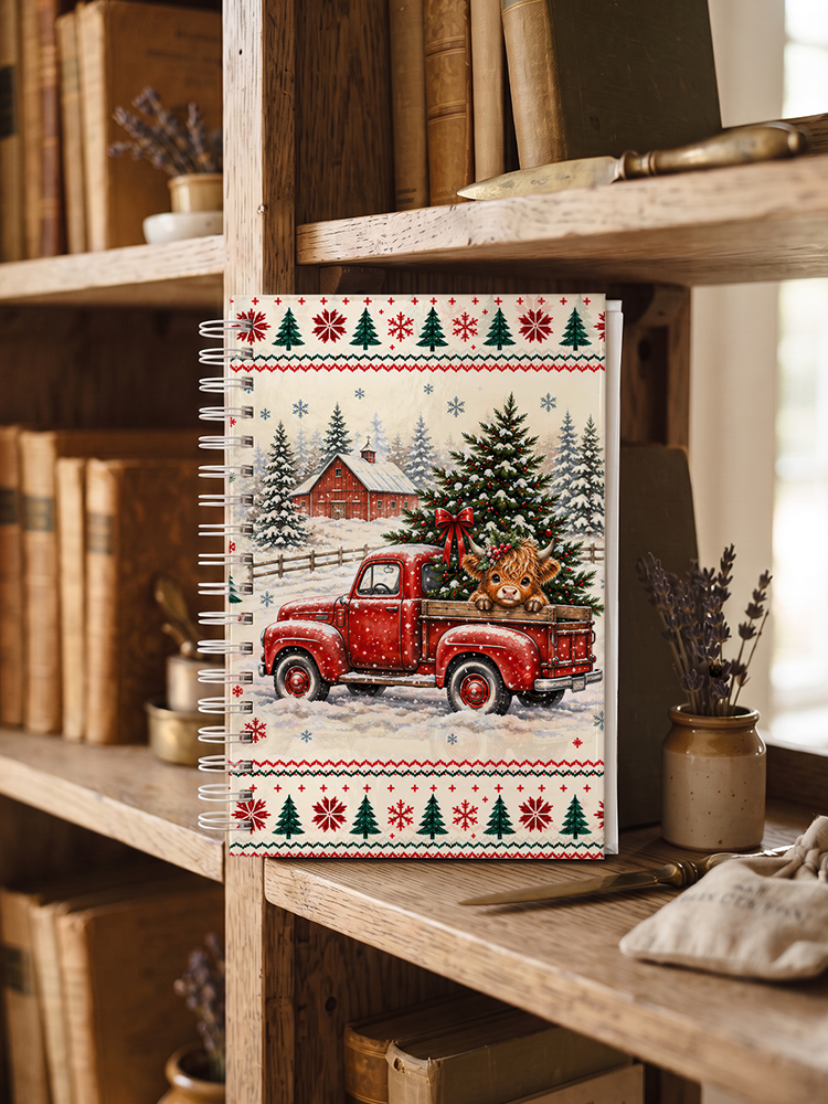 Cozy Christmas Farm Truck Cow Print A5 Spiral Notebook