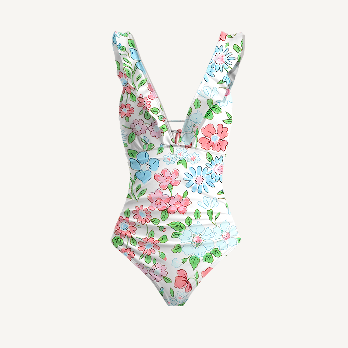 Pastel Cottage Floral Ruffled V Neck One Piece Swimsuit and Matching Midi Skirt Set