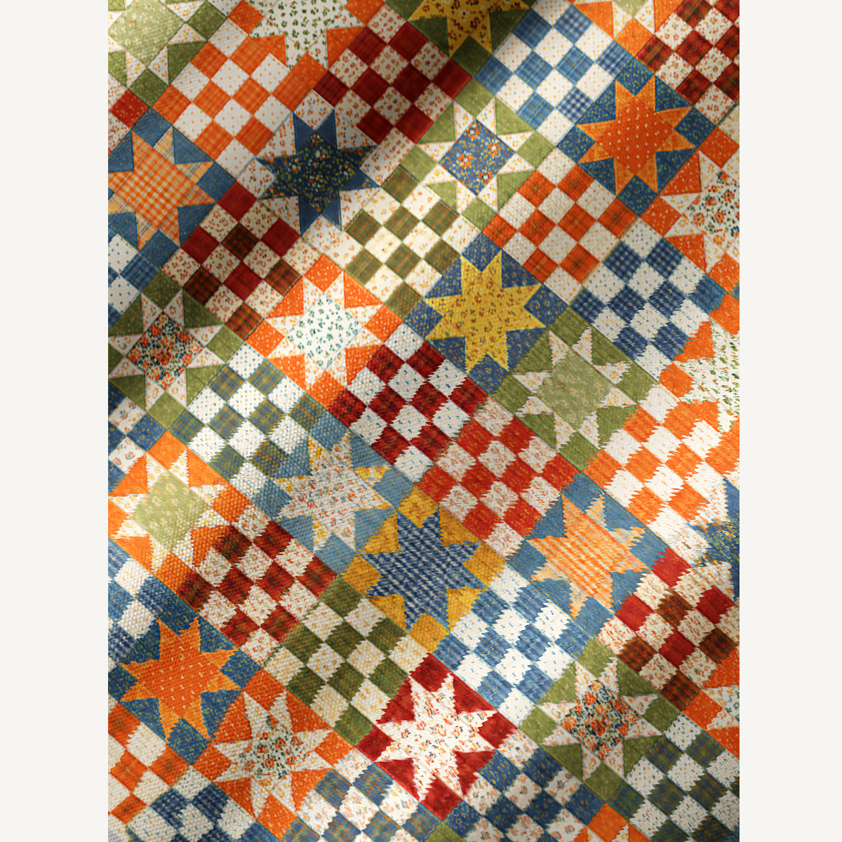 Vintage Star Quilt Patchwork Print Boho Tie‑Neck Smock Mini Dress