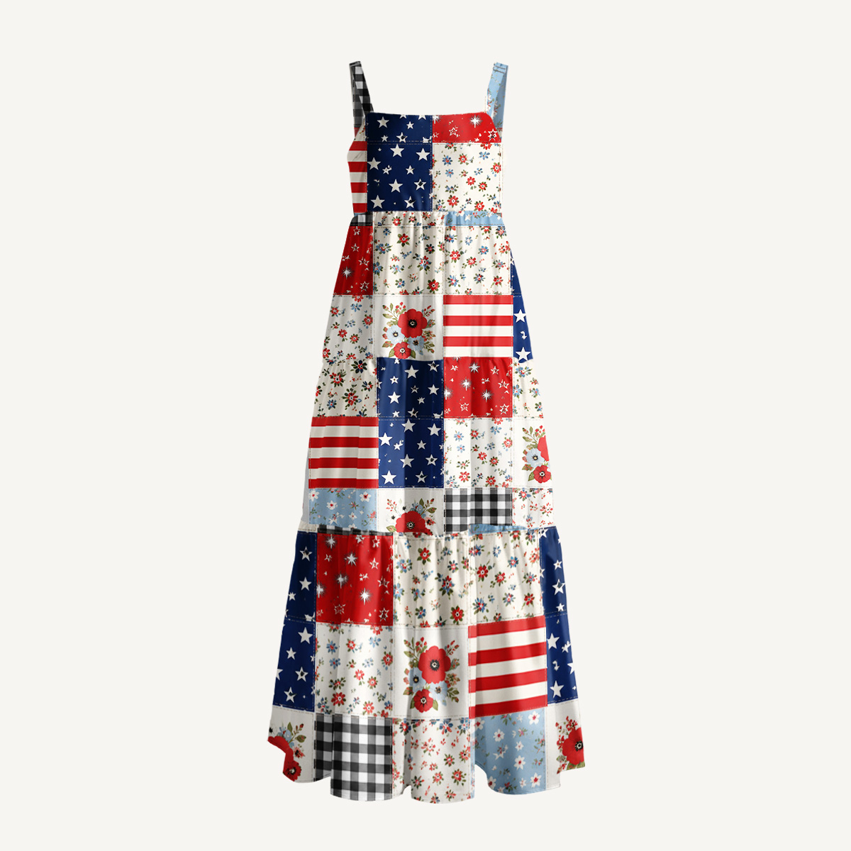 Flower Americana Patchwork Print Wide Straps Maxi Dress With