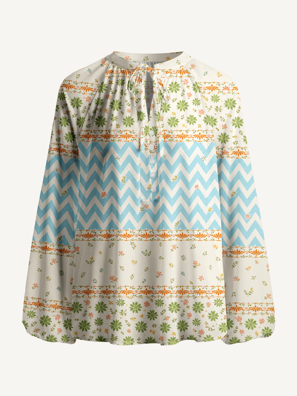 Pastel Chevron and Ditsy Floral Stripe Print Boho Long Sleeve Tie‑Neck Blouse