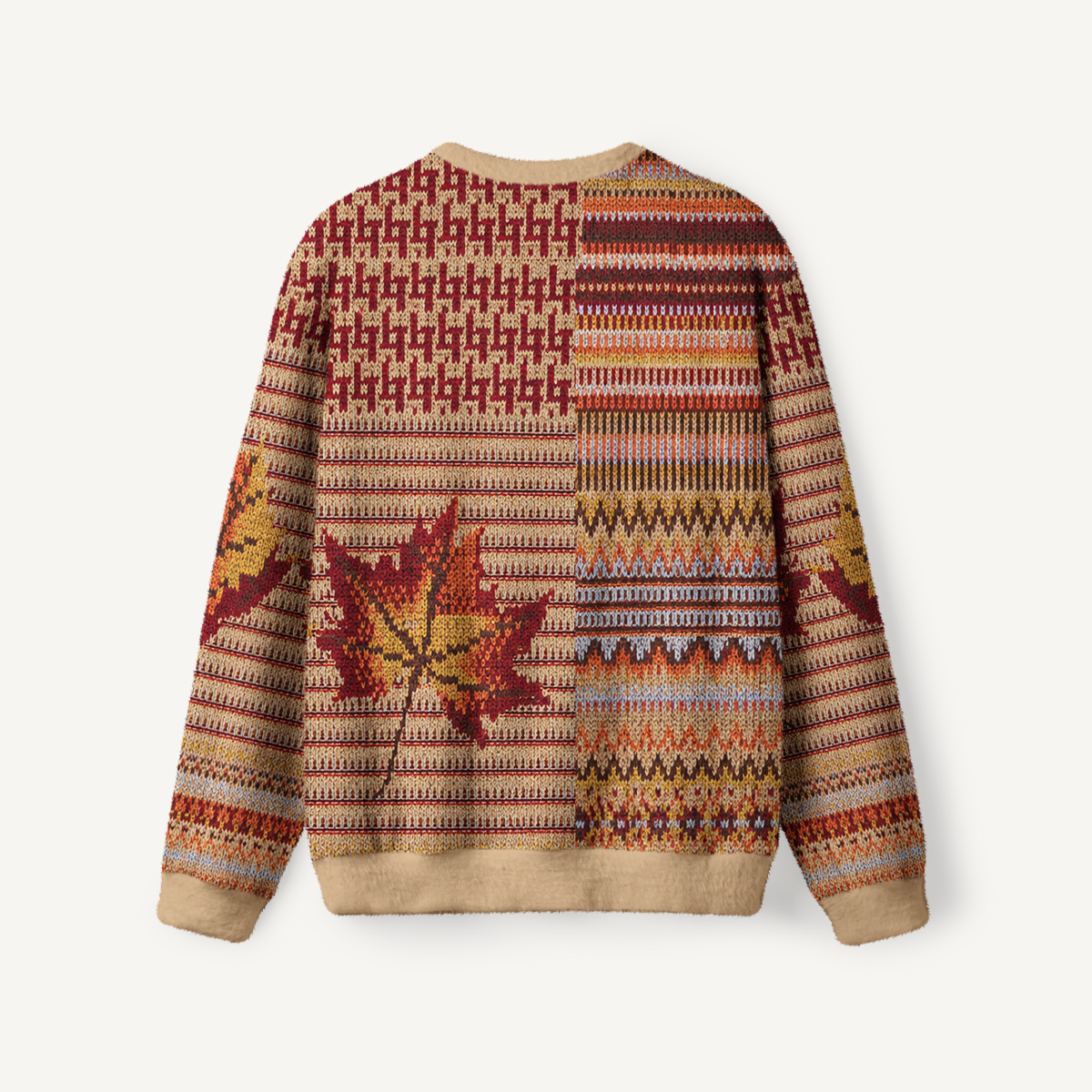 Autumn Maple Patchwork Pattern Fuzzy Crewneck Sweater