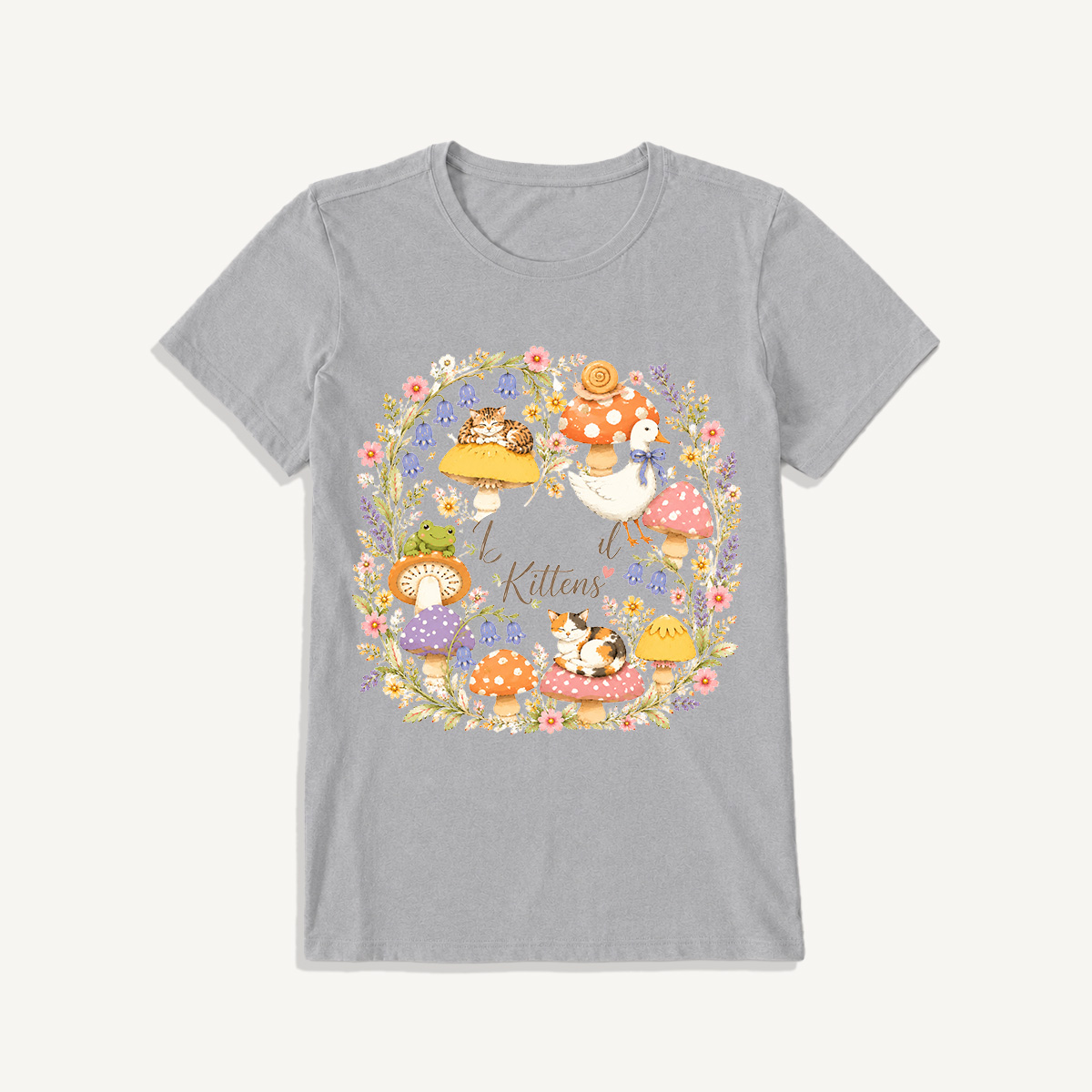 Botanical Kittens Mushroom Wreath Print Crew Neck Cotton Tee