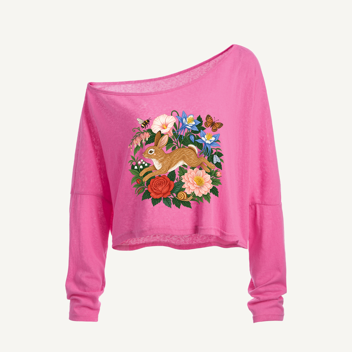 Wild Garden Leaping Bunny Long Sleeve Off Shoulder T-shirt