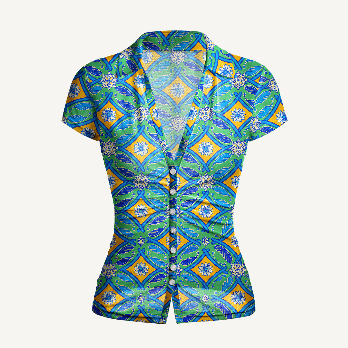 V-Neck Short Sleeve Azure Tile Print Mesh Top