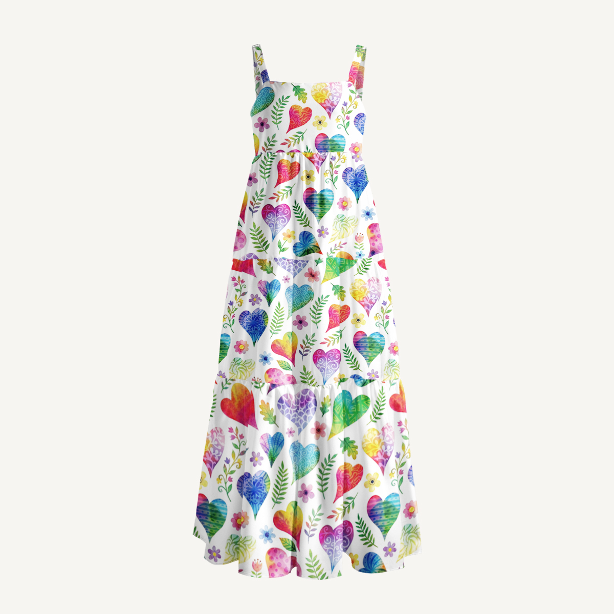 Colorful Doodle Love Pattern Print Quilt Wide Straps Maxi Dress With Pockets