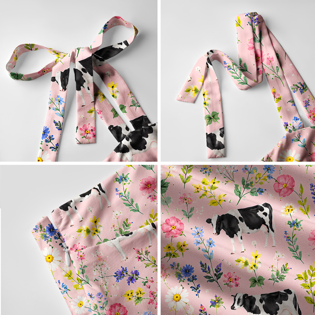 Holstein Cattle Cow Farm Animal Floral Pink Print Bow Strap Maxi Dress