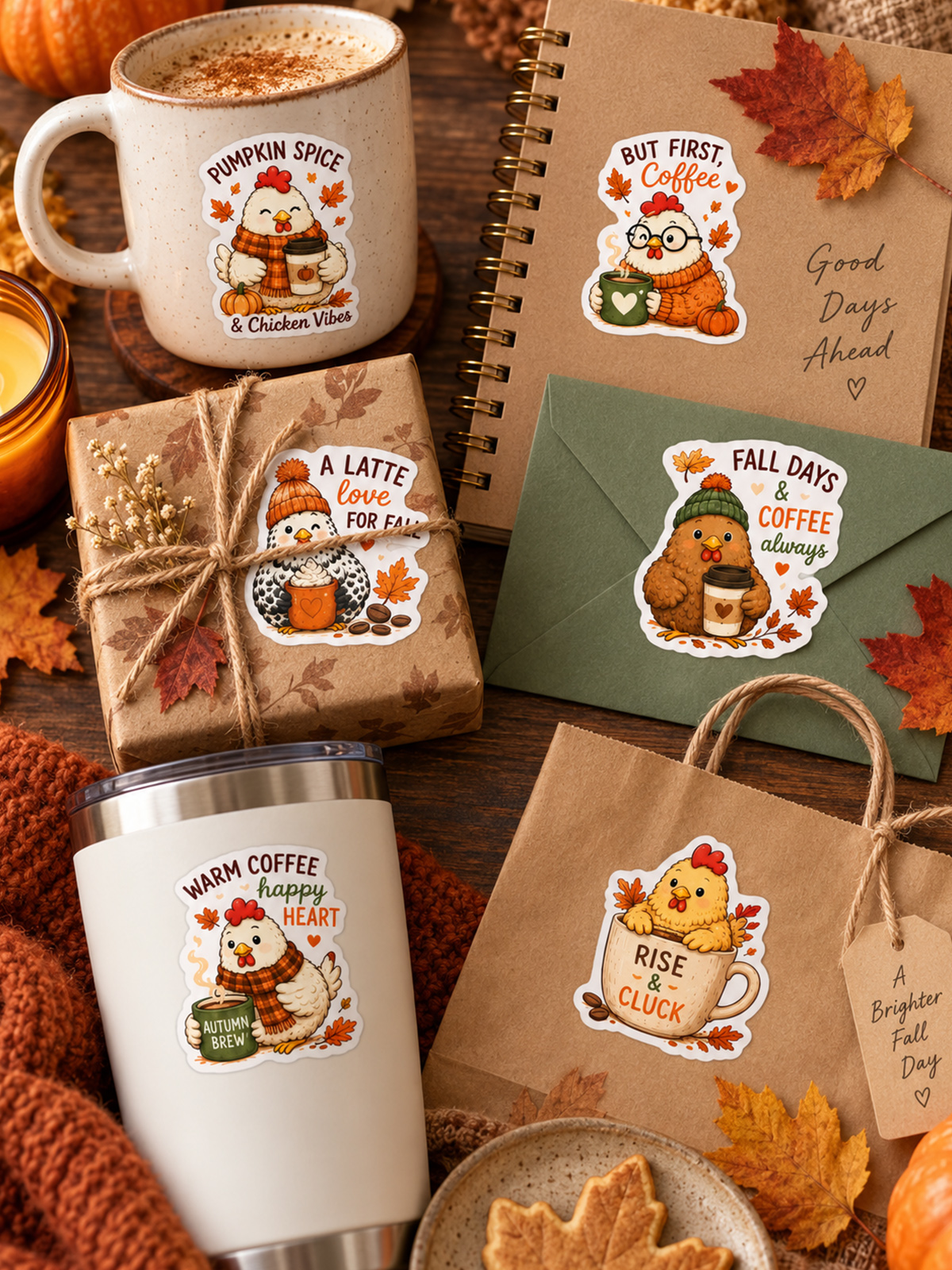 Cozy Fall Coffee Chickens Stickers