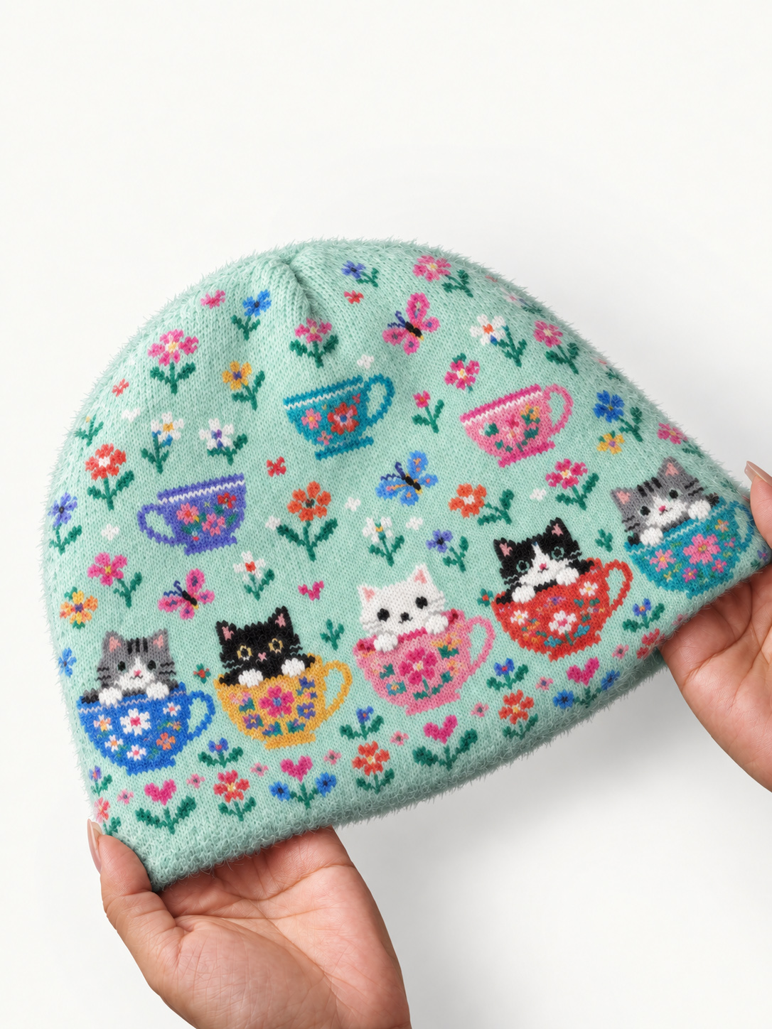 Cute Teacup Kitten Cozy Fuzzy Beanie