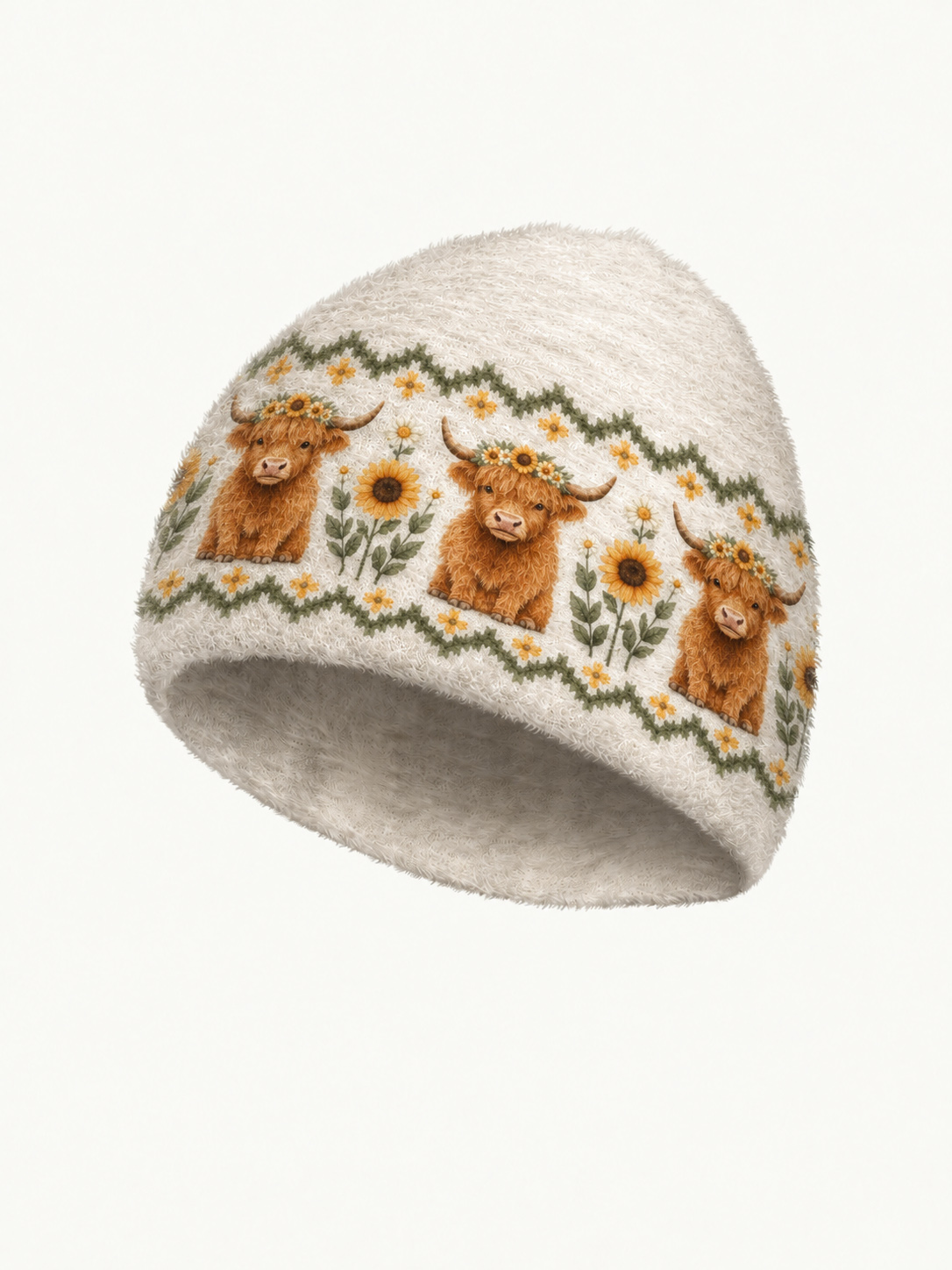 Spring Highland Cow Floral Cozy Fuzzy Beanie