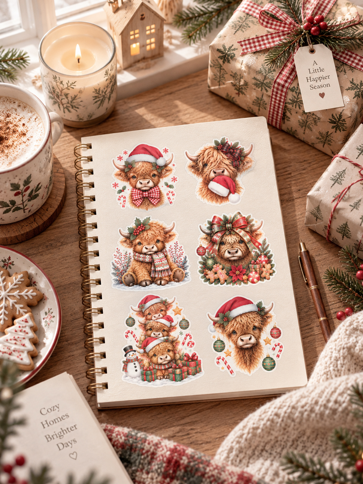Festive Highland Cow Christmas Stickers