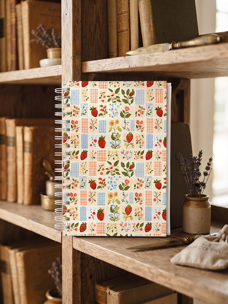 Strawberry Garden Patchwork Print A5 Spiral Notebook 