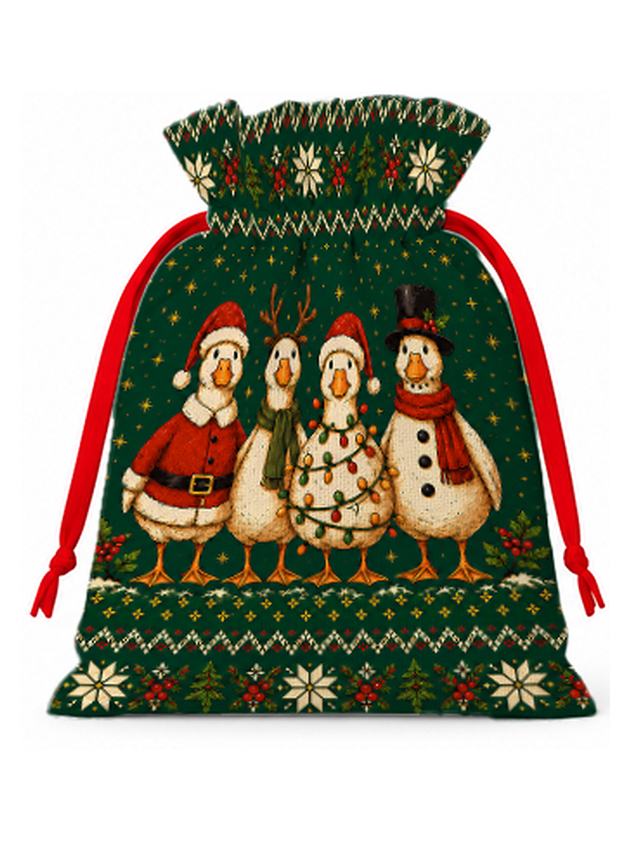 Cozy Country Christmas Ducks Reusable Drawstring Gift Bag