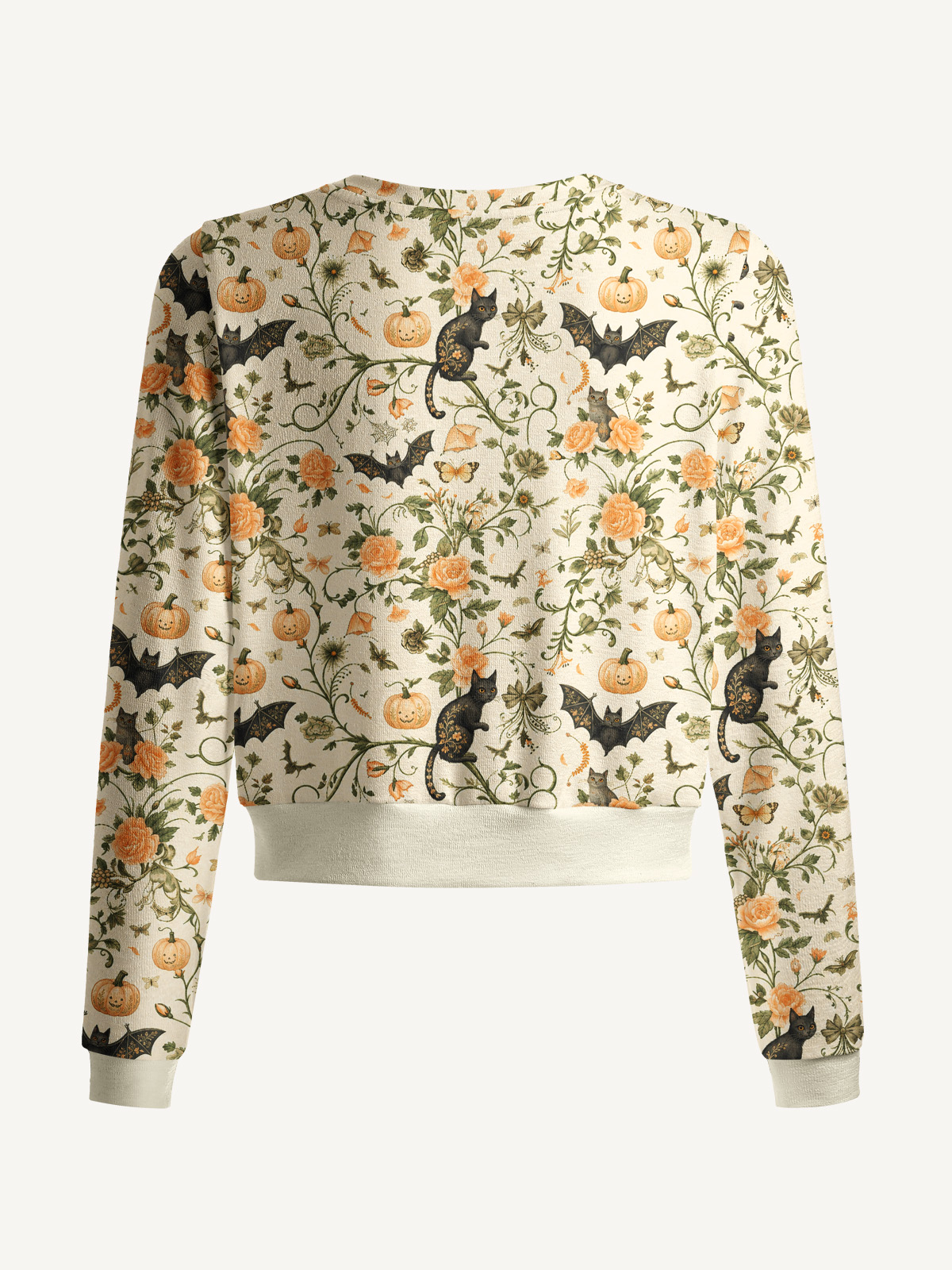 Lightweight Crew Neck Long‑Sleeve Cropped Pastoral Pumpkin Cat Print Fine‑Knit Cardigan