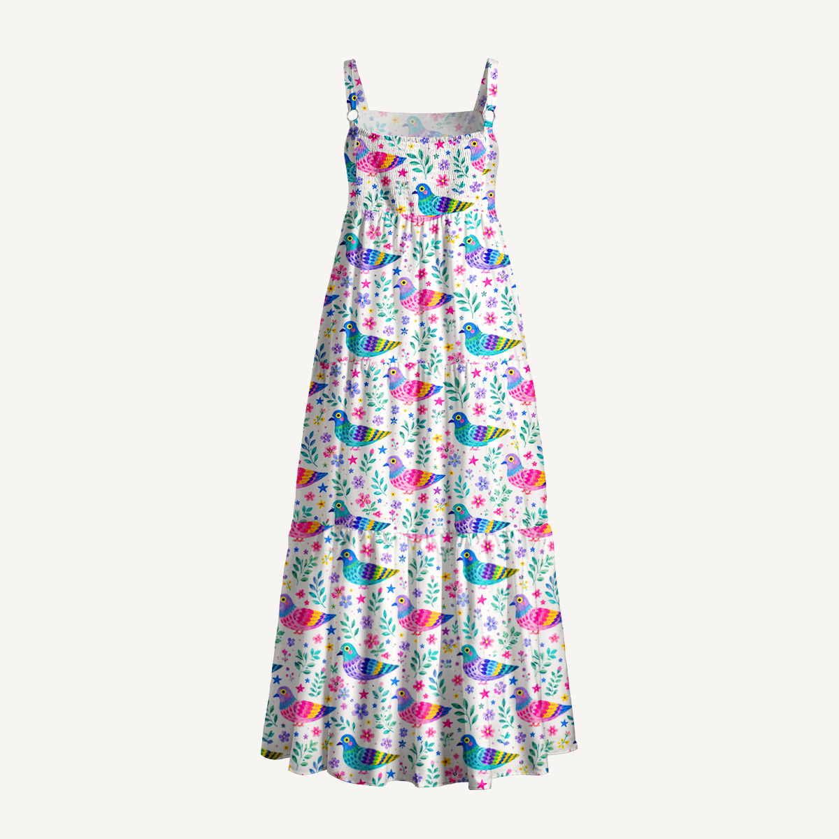 Colorful Folk Birds Pattern Print Wide Straps Maxi Dress With Pockets