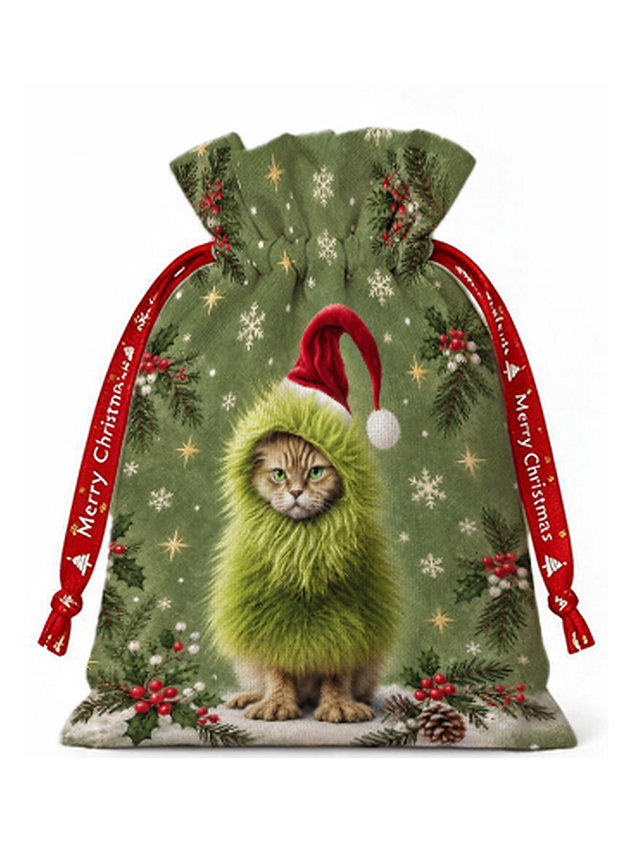 Mischievous Christmas Cat Reusable Drawstring Gift Bag