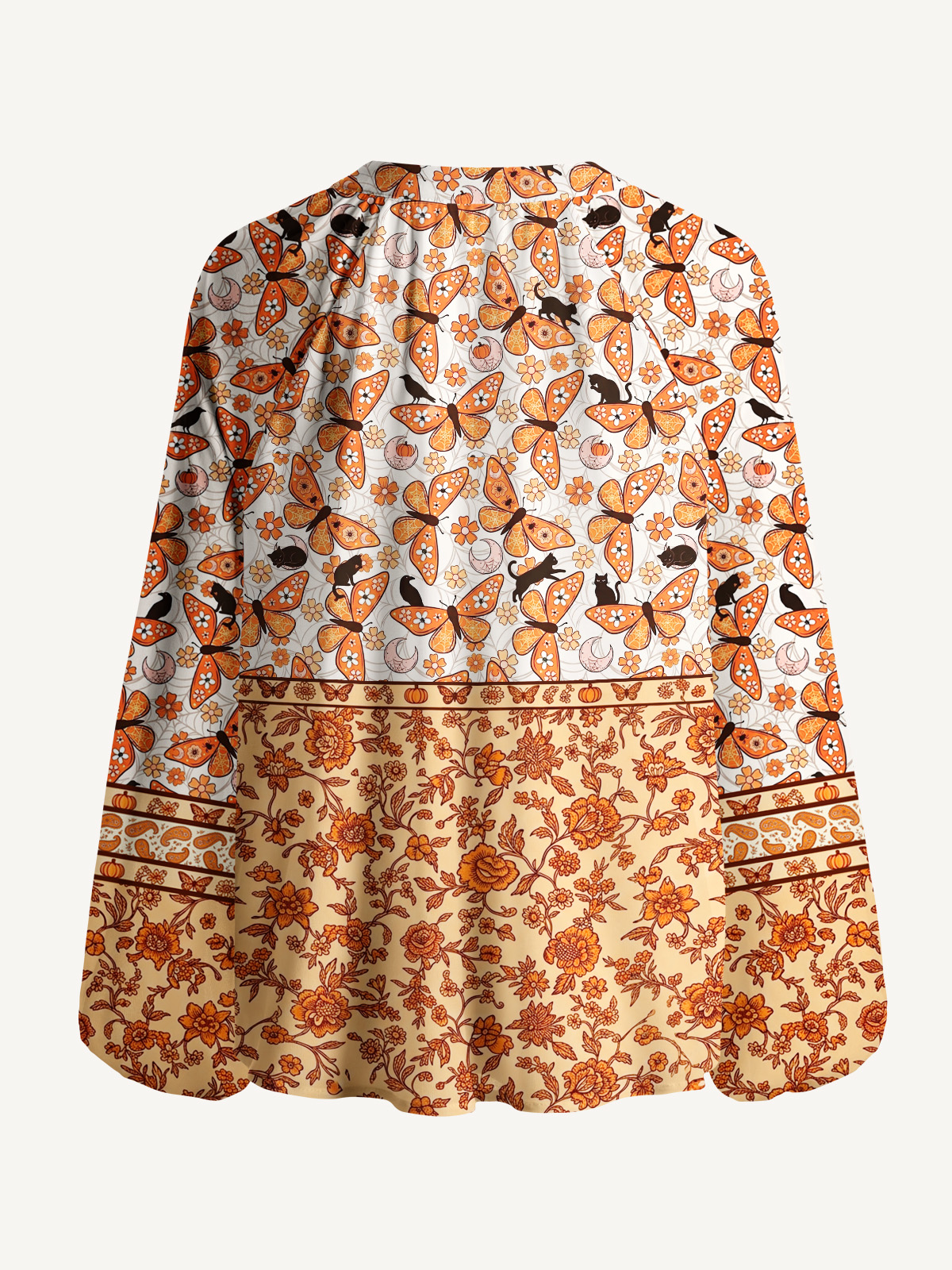Whispering Wings Halloween Print Boho Long Sleeve Tie‑Neck Blouse