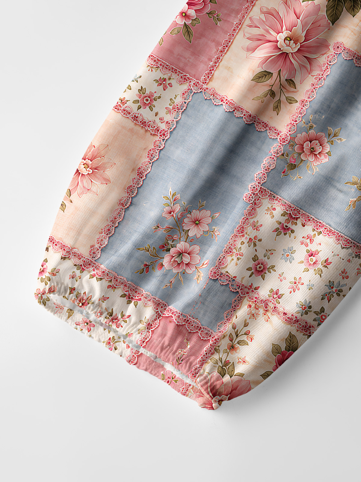 Vintage Pink and Blue Floral Patchwork Print Boho Long Sleeve Tie‑Neck Blouse