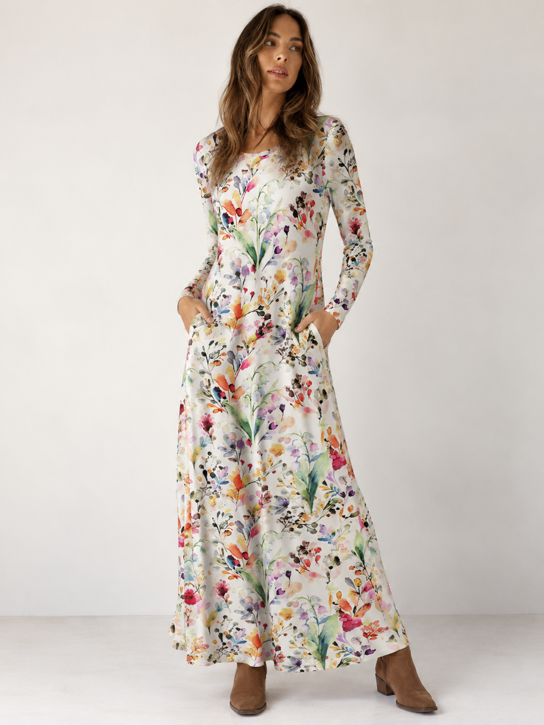 Watercolor Wildflower Garden Print Soft-Touch Stretch Knit Long Sleeve Maxi Dress with Pockets