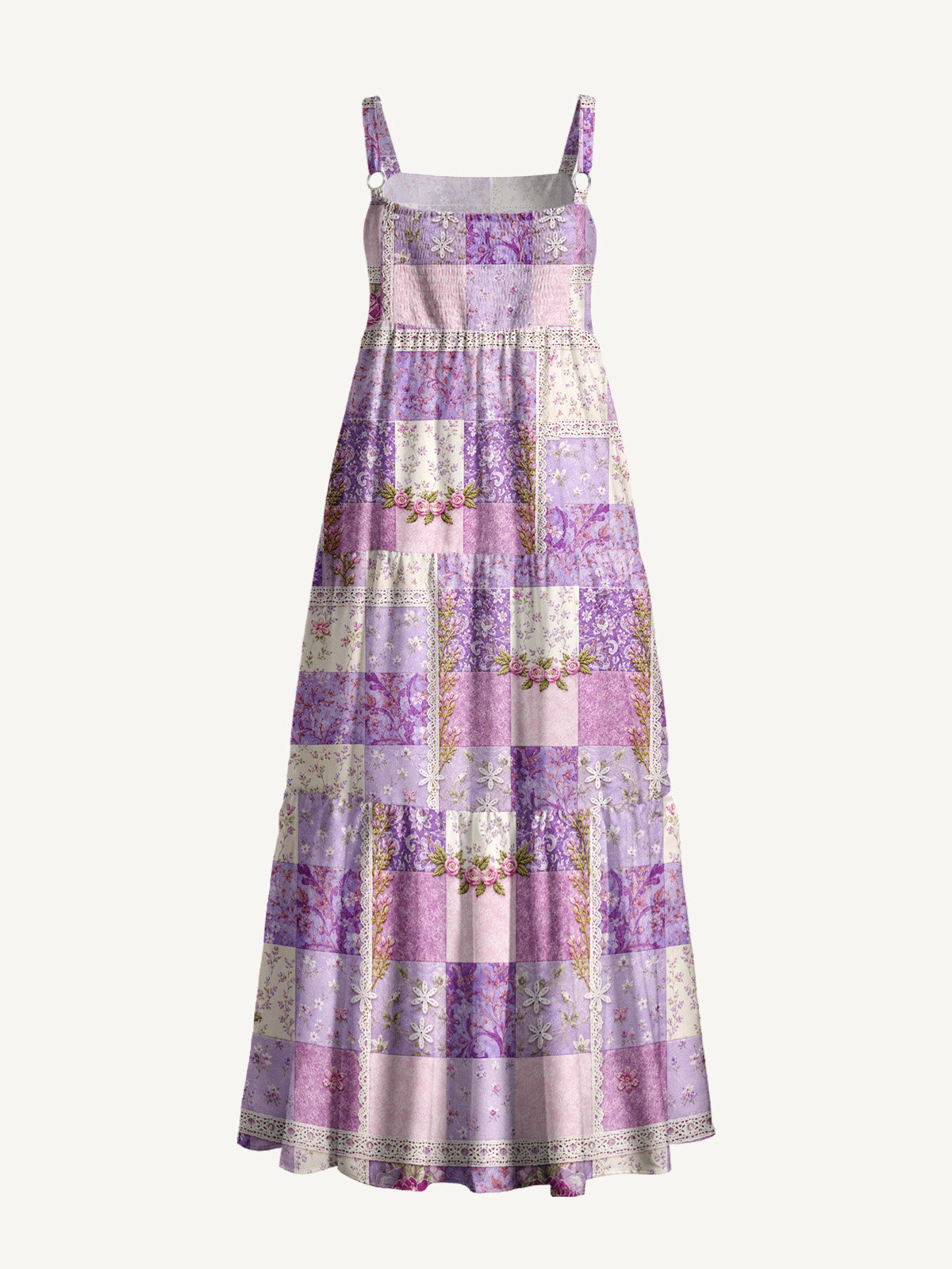 Purple Meadow Vintage Patchwork Print Wide Straps Maxi Dress With Pockets