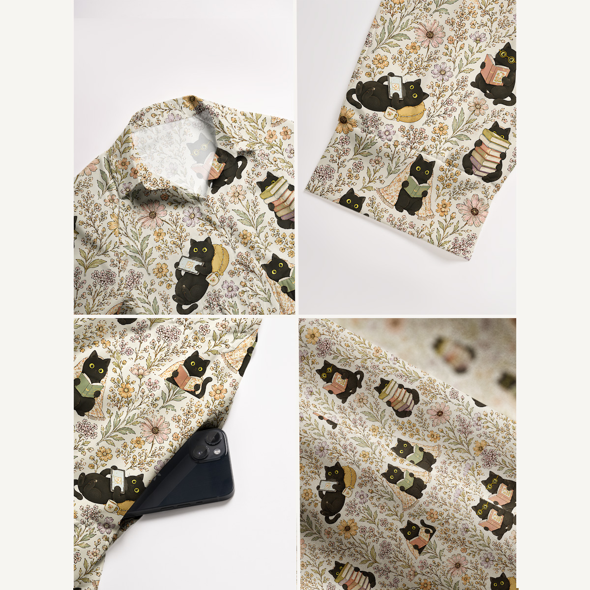 Books Blooms and Black Cats Print Casual Midi Dress With Pockets