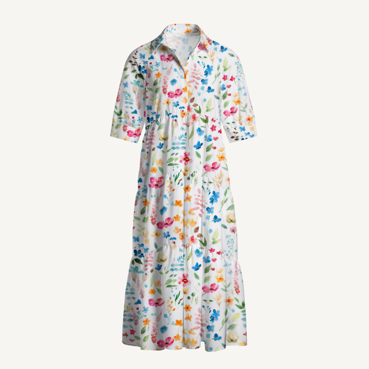 V Neck Collared Wildflower Dream Print Casual Midi Dress With Pockets