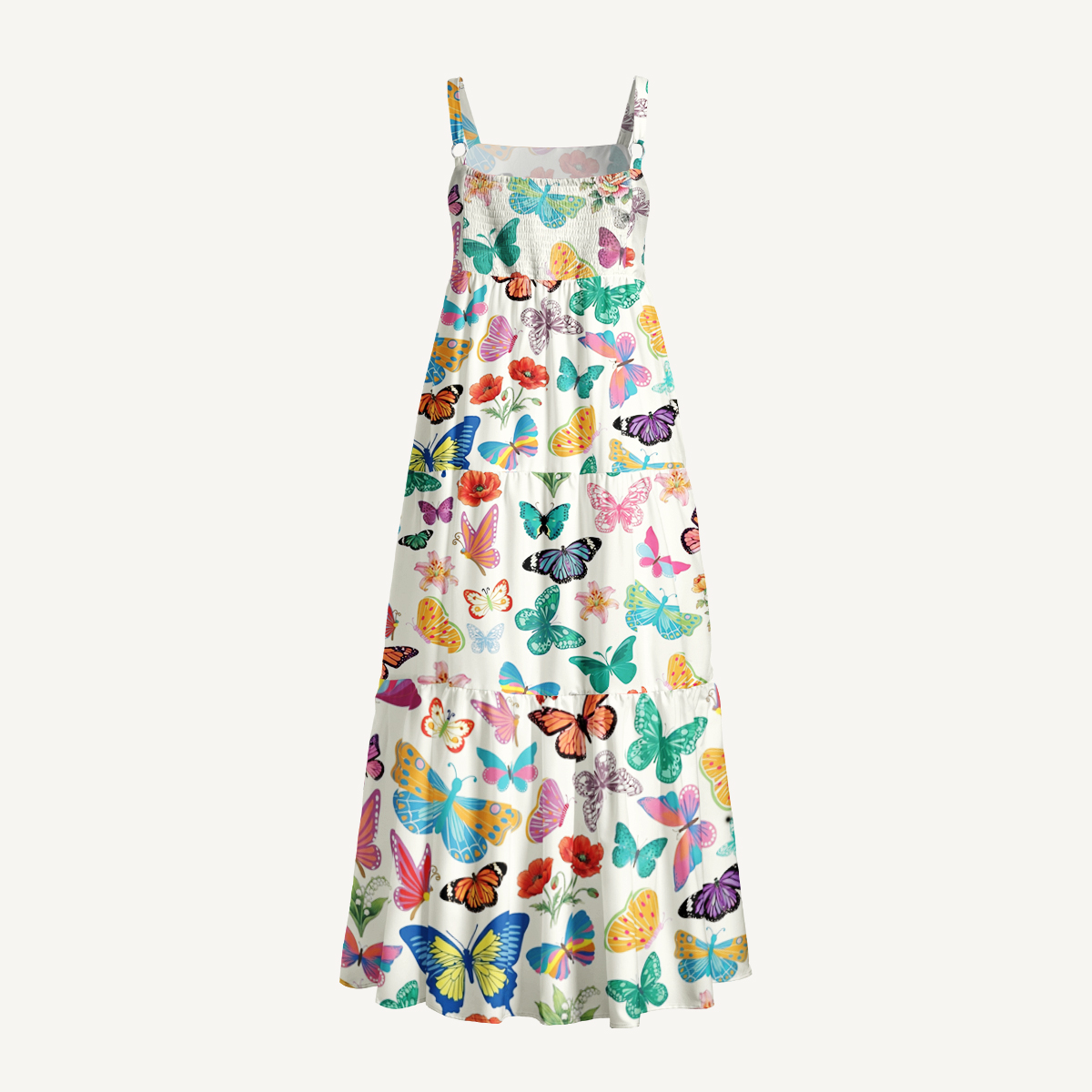 Rainbow Butterfly Garden Print Quilt Wide Straps Maxi Dress With Pockets