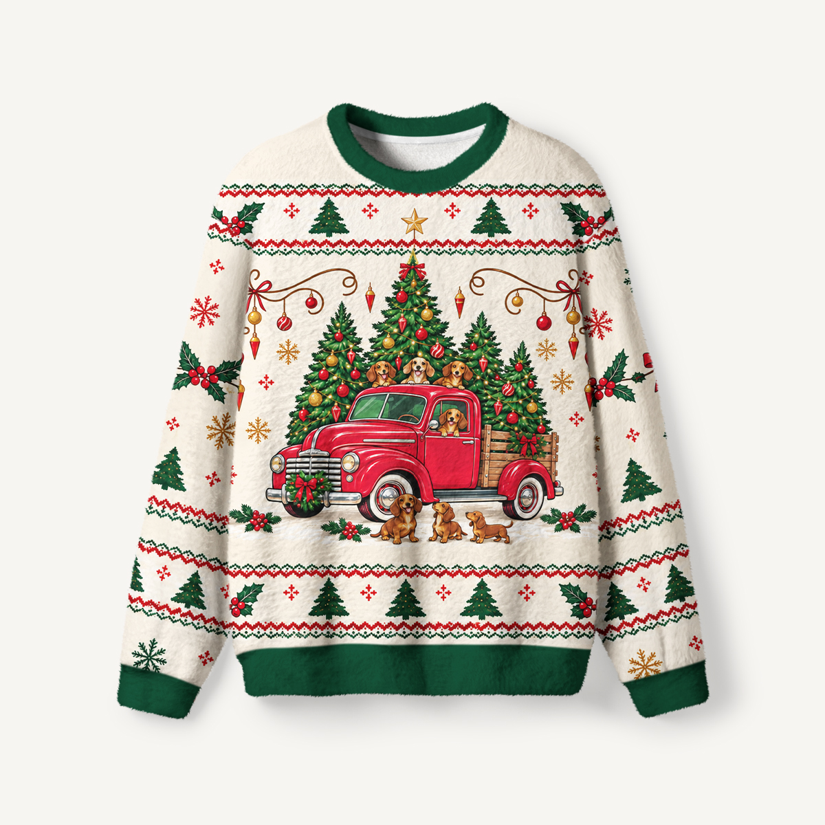 Christmas Dachshund Truck Fuzzy Crewneck Sweater