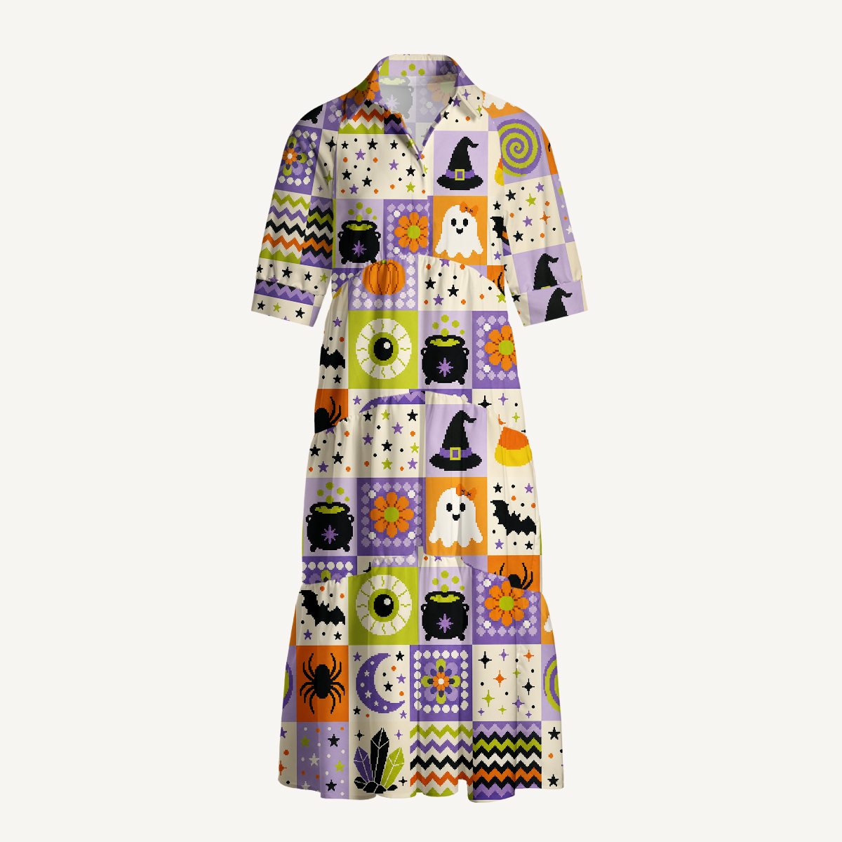 V Neck Collared Pixel Halloween Patchwork Print Casual Midi Dress With Pockets